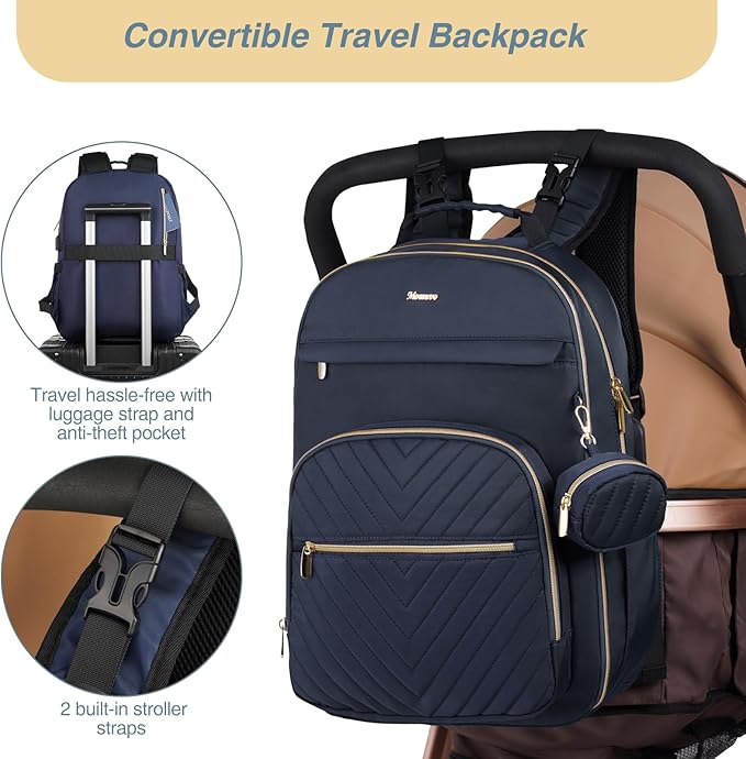 MOMUVO Diaper Bag Backpack, Quilted Baby Bag with Changing Pad & Stroller Straps & Pacifier Case, Large Travel Diaper Bags for Mom Dad, Blue