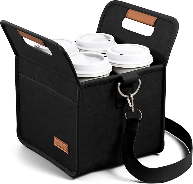 Fluxynara 4-Cup Reusable Felt Drink Carrier with Handle and Adjustable Shoulder Strap, Drink Holder for Car, Multi-Cup Drink Carrier Bag for Delivery, Travel, Picnics (Black)