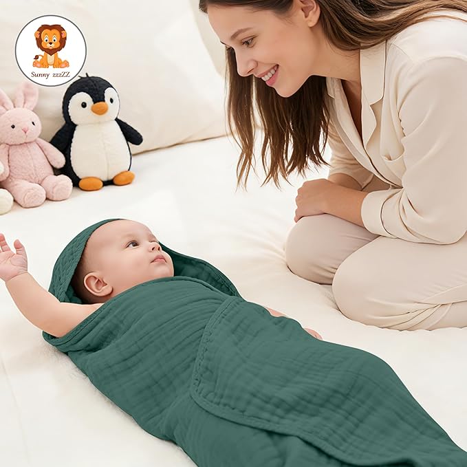Sunny zzzZZ Muslin Hooded Baby Bath Towels - 3 Pack 100% Cotton Soft Low-Saturation Pastel Towels Including Classic White for Newborns, Infants, Toddlers - 32x32 Inch - Deep Emerald and White