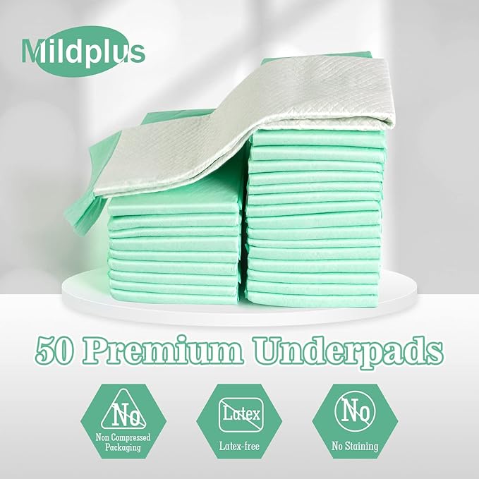 MILDPLUS Disposable Bed Pads 30“x36”, 50 Count Extra Large Underpads , Heavy Duty Absorbent Bed Pads for Adult Incontinence, Senior Care, Kids & Puppy Training Pads (No Adhesive)