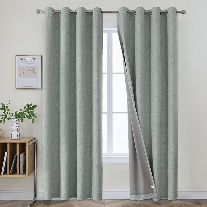Joydeco Sage Green Curtains Blackout 96 Inch Long, Linen 100% Black Out Curtains for Bedroom 2 Panels Set, Thermal Insulated Grommet Room Darkening Drapes for Living Room (42x96 inch, Sage Green)