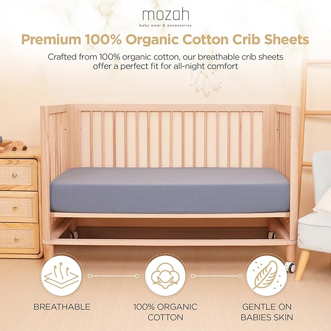 MOZAH Organic Muslin Crib Sheets, Soft and Breathable Bedding for Baby Girls or Boys, Snug Fitted Sheet for Standard Cribs & Toddler Mattresses, 2 Pack, Blue