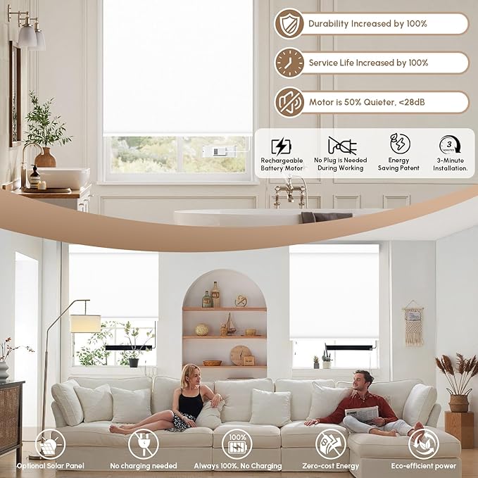 Kincmo No Drill Motorized Blinds with Remote, 100% Blackout Roller Shades for Windows, Custom Electric Blinds Compatible with Alexa, Apple Homekit, Google Home (100% Blackout Waterproof Vinyl White)