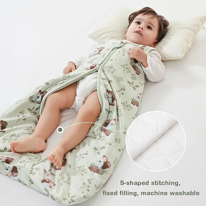 Mosebears Sleep Sack Baby Winter Wearable Blanket with 2-Way Zipper,2.5 TOG Cotton Sleep Sack Unisex(Green Animal,0-6 Months)