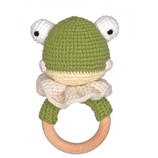 DICHA Wood Baby Rattle-Crochet Baby Rattle- Infant Rattle Sensory Development Wooden Toys Set-Includes Beech Wooden Teething Ring-Frog