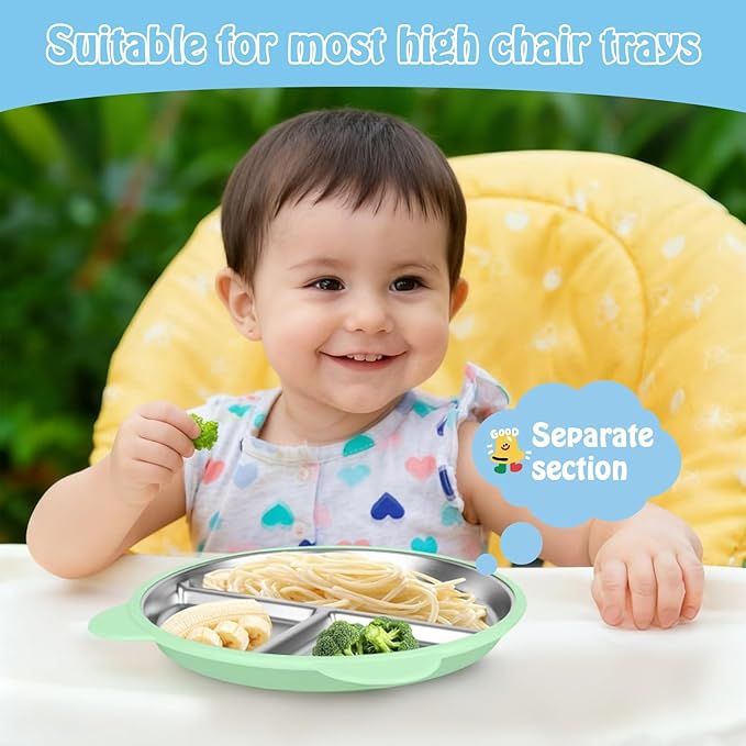 Thrseely 4 Pack Stainless Steel Toddler Plates with Suction - 9" Kids Divided Plates Removable Silicone Sleeves for Baby Led Weaning, Bear Ear Design Non Slip BPA-Free Dishwasher Safe