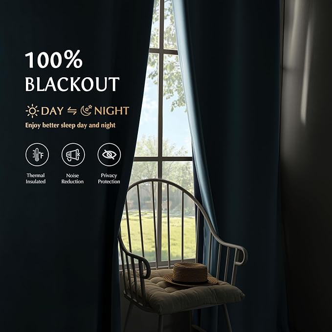 Beauoop Dusty Blue 100% Blackout Curtains 63 Inch Long 2 Panels for Bedroom Living Room Solid Room Darkening Thermal Insulated Soundproof Energy Saving Grommet Top Window Treatment Drapes,52x63 2 Set