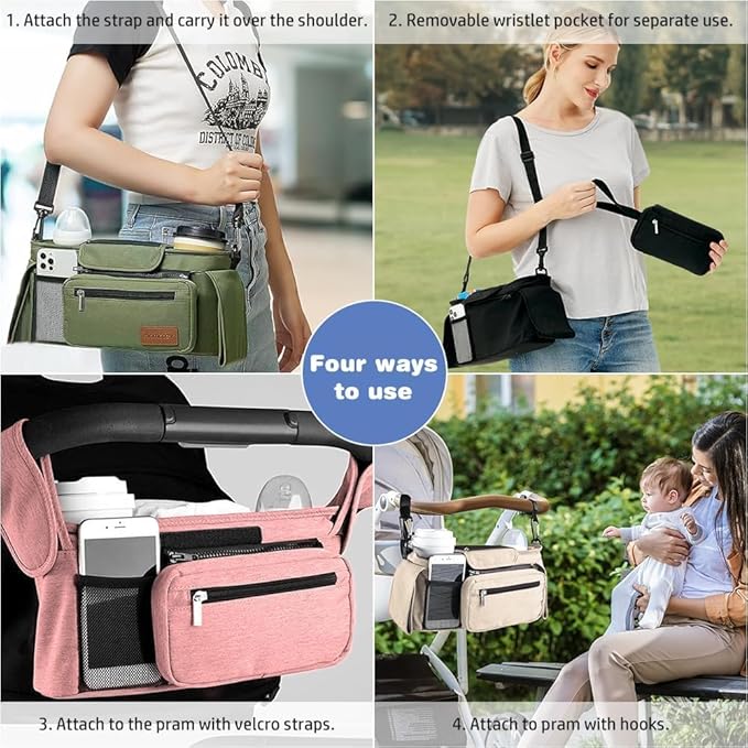 Baby Stroller Organizer, Universal Stroller Organizer with Detachable Phone Bag, Stroller Caddy with 2 Insulated Cup Holders, Buggy Organizer Bag with 2 Hooks Fits Most Strollers (Green)