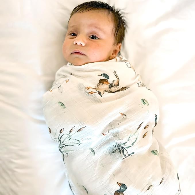 LifeTree Baby Swaddle Blankets, Muslin Swaddle Blankets Boys Girls Swaddling Wrap Receiving Blanket for Newborn, 70% Viscose Bamboo and 30% Cotton, Large 47" x 47", Mallard Duck Pattern