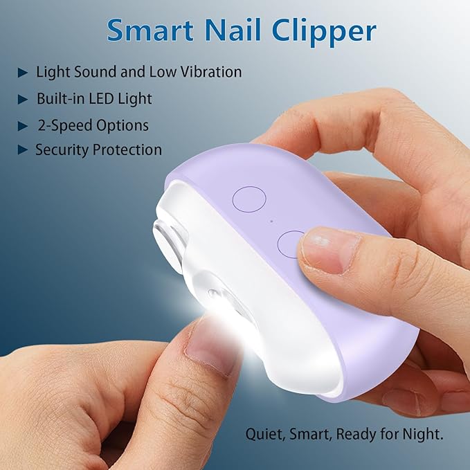 Smart Electric Nail Clipper, 3-in-1 Automatic Nail Trimmer & Polisher with 2 Speeds, LED Light, Rechargeable Nail Clippers for Seniors, Low Vision, Women, Men and Kids (Purple)