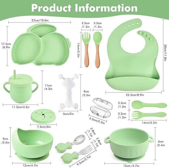mraisebossup Silicone Baby Feeding Set 15 Pcs，Baby Spoons Suction Bowl Divided Plate Bib Cup Finger Brush Training cups,Baby Led Weaning Supplies（green）