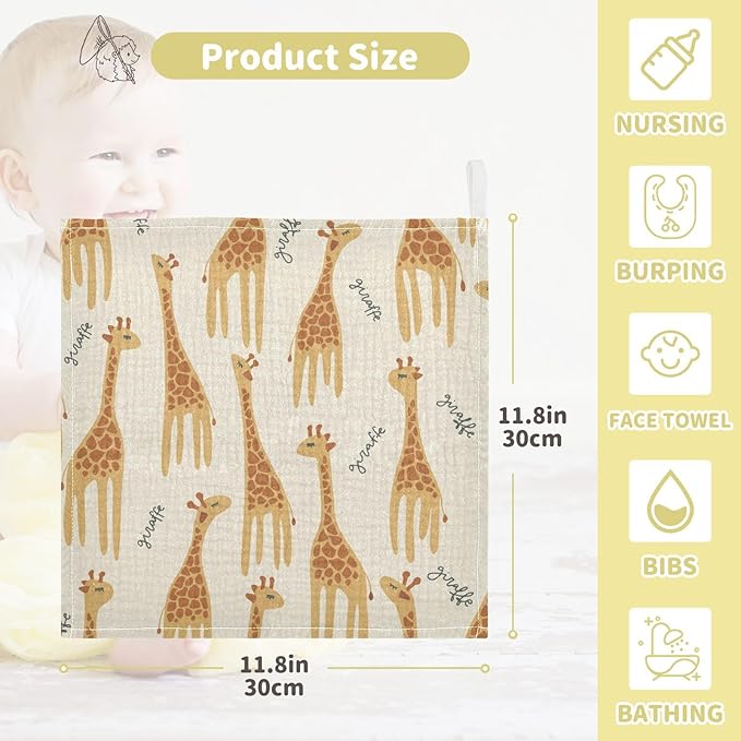 vvfelixl Giraffe Safari Print Baby Burp Cloths Baby Muslin Washcloths for Boys Girls Cotton Baby Face Towel for Newborn Infants Soft and Absorbent 11.8 X 11.8In, 5 Pack