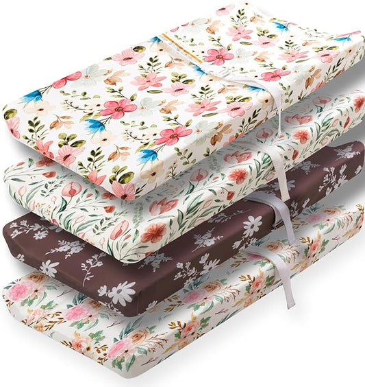 4 Pack Baby Girl Changing Pad Covers Sheets Set Soft Fitted Floral or Elephant Theme Baby Girl Mattress Covers Breathable Toddler Bed Sheets for Infant or Newborn Girls (Flower, Changing Pad Covers)