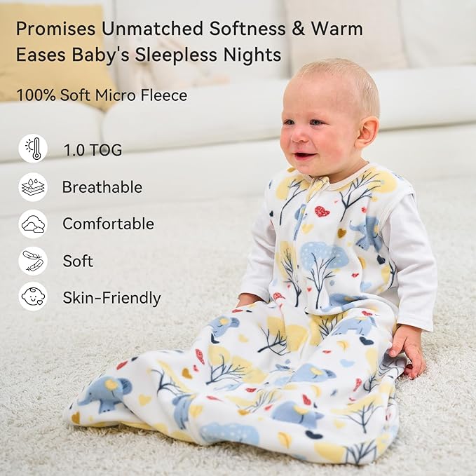 Unnivoll Fleece Baby Sleep Sack 6-12 Months 1.0 Tog Baby Wearable Blanket Microfleece Sleeping Sack with 2-Way Zipper for Newborn Infant Yellow & White Elephant