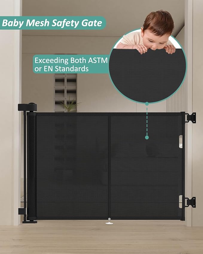 50 inch Retractable Baby Gates 34 inch Tall, Retractable Gate with Reinforced Strip Design to Prevent Crawling Through, Retractable Dog Gate for Stairs, Doorways, Hallways