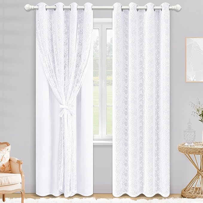 Yinhua White Curtains for Living Room Double Layer Blackout Curtains for Bedroom 84 Inches Long Nursery Curtain with Tiebacks, Thermal Insulation Grommet Drapes for Dining Room, 52" W x 84" L