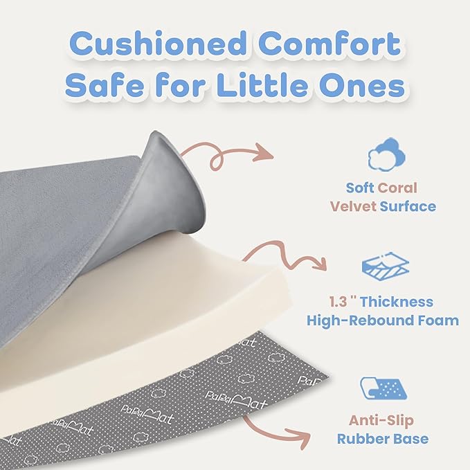 1.3" Thick Baby Floor Play Mat 79x158, Basic Padded Foam Mat for Tummy Time Crawling, Non Slip Cushioned for Babies Toddlers Infants Kids (Light Grey)