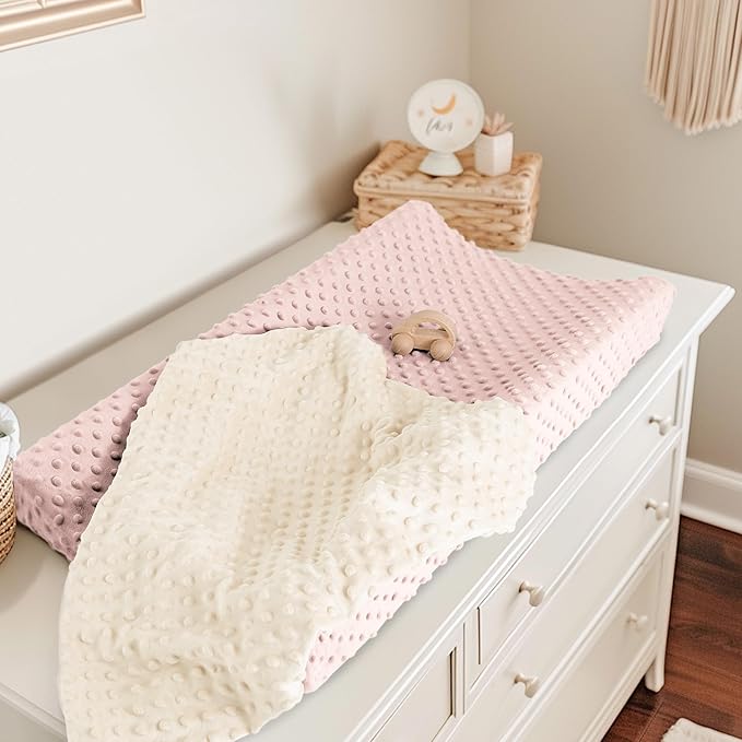 Susurration Changing Pad Covers 2Pack Minky Dots Plush Diaper Change Table Covers 33x17x7in Ultra Soft Changing Pad Sheets for Unisex Baby Girls Boys (Pink&Cream)