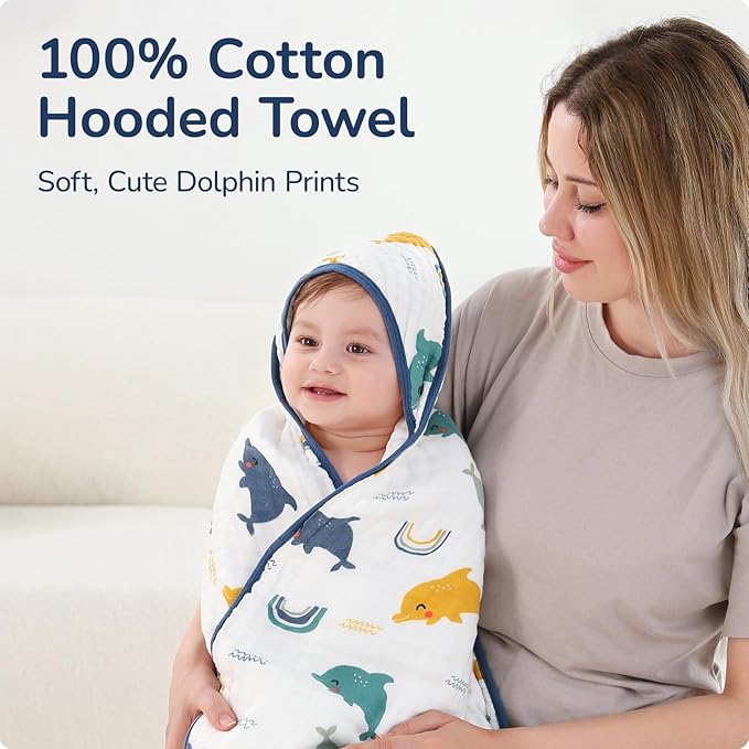 Muslin Hooded Baby Towels 2 Pack, Ultra Soft & Absorbent Baby Bath Towels, Bath & Beach Essentials, Shower Gifts for Newborns, Babies, Infant, Toddler - 32x32 Inch (Dolphin & Dinosaur)