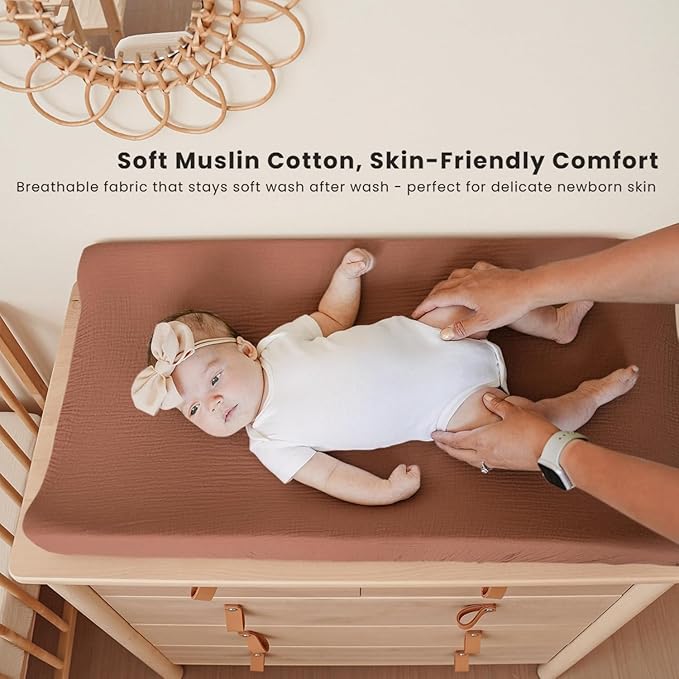 Konssy Muslin Changing Pad Cover for Baby Girls Boys, 100% Cotton Fitted Diaper Chang Table Covers, Soft Breathable Changing Pad Sheets, 2 Pack (Chestnut, Posy)