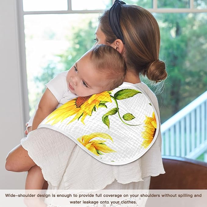 WELLDAY Muslin Baby Burp Cloths Set of 1, Soft Absorbent Big Sunflower Muslin Washcloths, Bibs, Face Towel for Newborn Boys Girls, 22 x 11 Inch