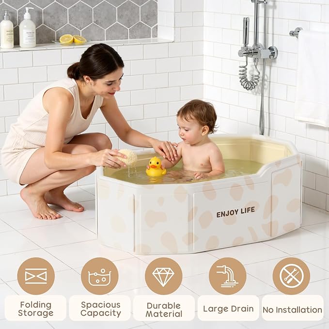 Collapsible Baby Bathtub for Shower, Portable Foldable Toddler Bath Tub with Non-Slip Base, Compact Travel Essentials for Kids & Infants, Easy Storage in Small Spaces, White
