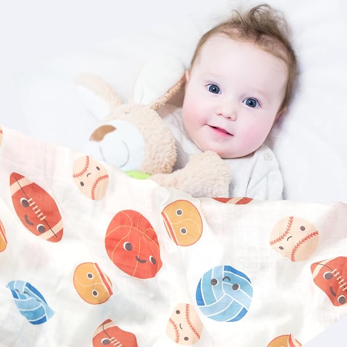 70% Rayon Made from Bamboo 30% Cotton Muslin Swaddle Blanket, 47 x 47 Inches, Sports Theme Baby Receiving Blanket, Soft and Breathable, Unisex, 2 Pack