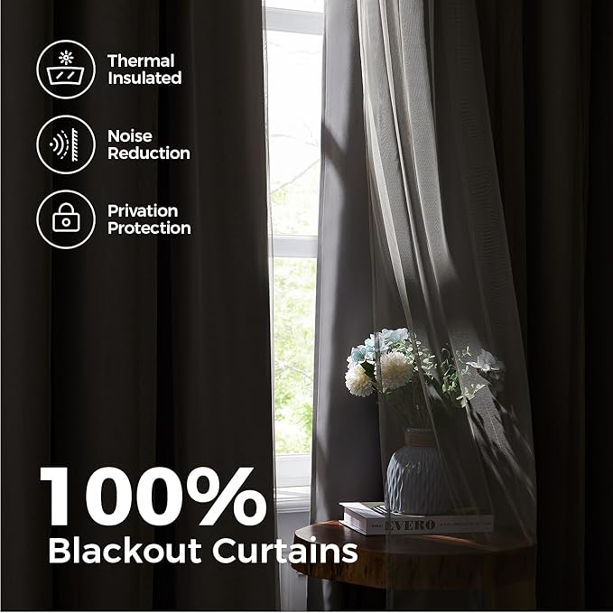 100% Blackout Curtains for Bedroom, Double Layer Grey Curtains, Black Out Curtain 84 inch Long with Sheer Overlay for Living Room, Room Darkening Window Drapes with Grommet, 52" W x 84" L