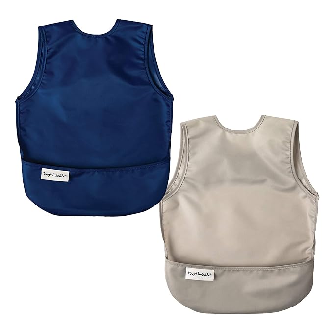 Tiny Twinkle Mess Proof Baby Bibs | 2 Pack Waterproof Toddler Bib for Eating | Baby Apron for Feeding, Machine Washable, Perfect Shower Gift (Grey Indigo, 2-4Y)