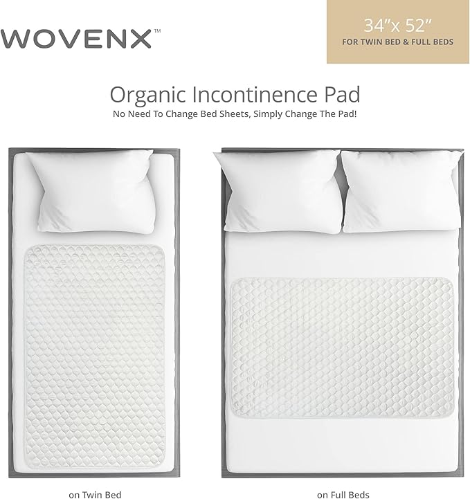 WOVENX Organic Incontinence Pads for Kids & Toddlers - 5 Layer Waterproof Protectors for Overnight Bed Wetting - Reusable & Washable Pee Pads - Fits Twin to Full Size Beds - 34" x 52" White