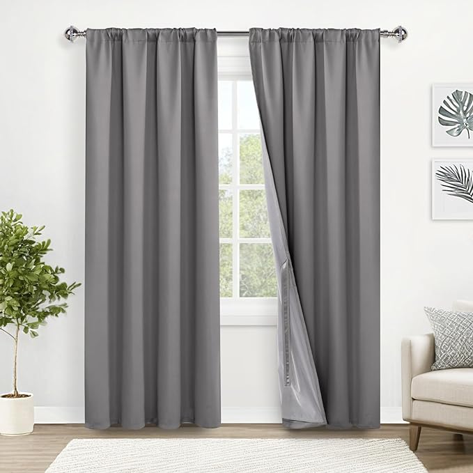 XWZO 100% Blackout Curtains 84 Inches Long with Tiebacks- Privacy Protection & Noise Blocking Window Panels for Bedroom/Living Room, Rod Pocket & Back Tab, Grey, W52 x L84, Set of 2