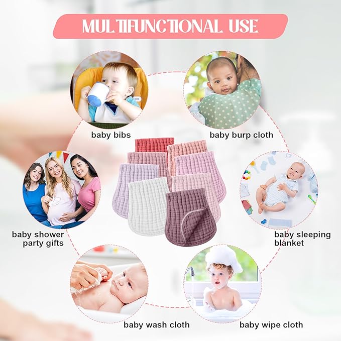 Frienda 8 Pack Muslin Burp Cloths Girl Large 20 x 10 Inch Cotton Burp Rags Absorbent Soft Newborn Face Towels for Newborn Baby Boy Essential Shower Gift Pink