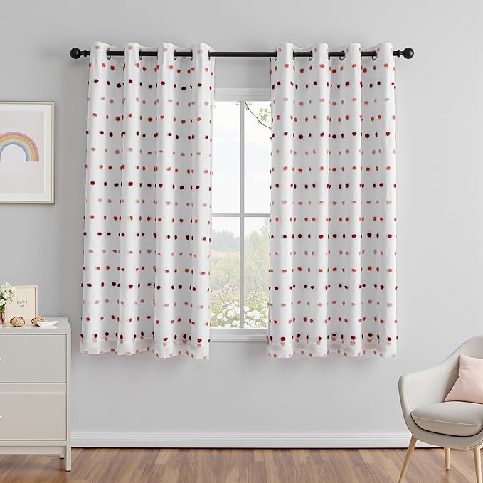 MEETSKY Kids Blackout Curtains for Girls Bedroom 63 Inches Long Colorful Red White Pom Pom Curtains for Nursery Room 2 Panels Small Window Curtains with 2 Layered Room Darkening Grommet,52 x 63 Inch