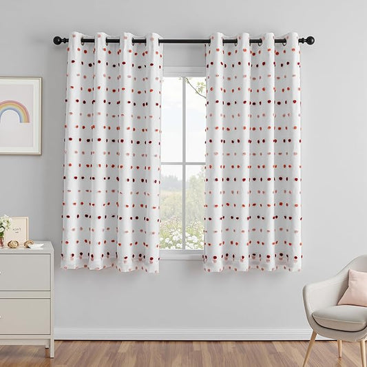 MEETSKY Kids Blackout Curtains for Girls Bedroom 63 Inches Long Colorful Red White Pom Pom Curtains for Nursery Room 2 Panels Small Window Curtains with 2 Layered Room Darkening Grommet,52 x 63 Inch