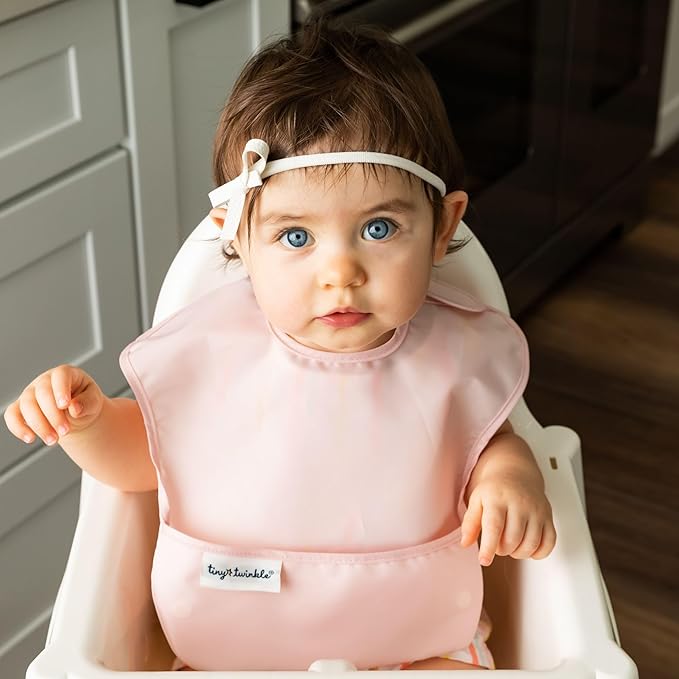 Tiny Twinkle Mess-Proof Baby Bibs for Eating | Waterproof, Wipeable Toddler Bibs with Catch-All Pocket | Feeding Bibs for Girls & Boys(3 Pack,Taupe, Rose)