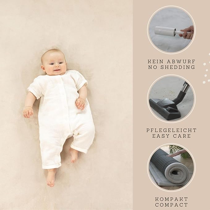 Hakuna Matte CloudSoft Baby Play Mat for Floor Ø 47" Beige – Coral Velvet Memory Foam Rug for Crawling & Cozy Play – Non-Slip, Water-Resistant, Easy-CareTummy Time Mat, Playmat for Playpen