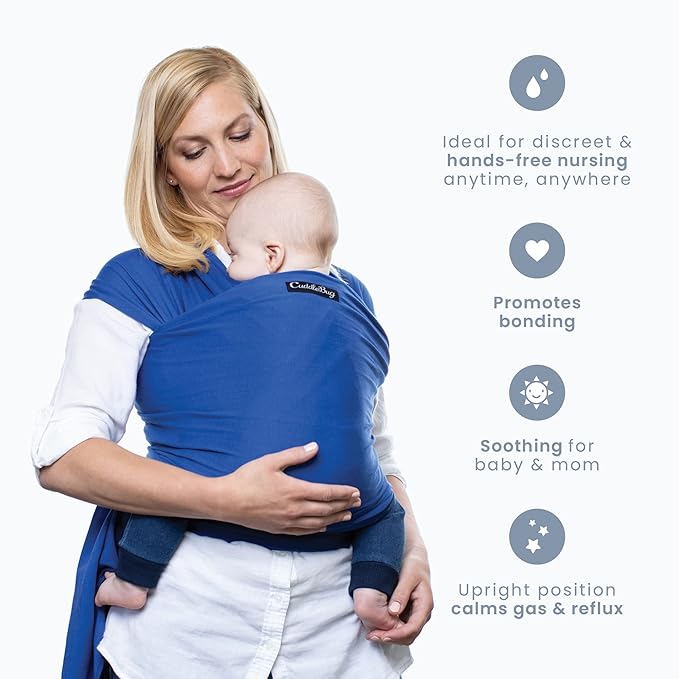 Cuddlebug Hands-Free Baby Carrier - Soft & Stretchy Wrap for Newborn to Toddler 7-35 lbs - One-Size-Fits-All Hip-Healthy Holder (Blue)
