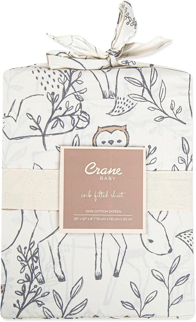 Crane Baby 100% Cotton Sateen Fitted Baby Sheets, Breathable, Fits 28X52 Standard Mattress, Gender Neutral Bedding, Woodland Animal Crib Sheet