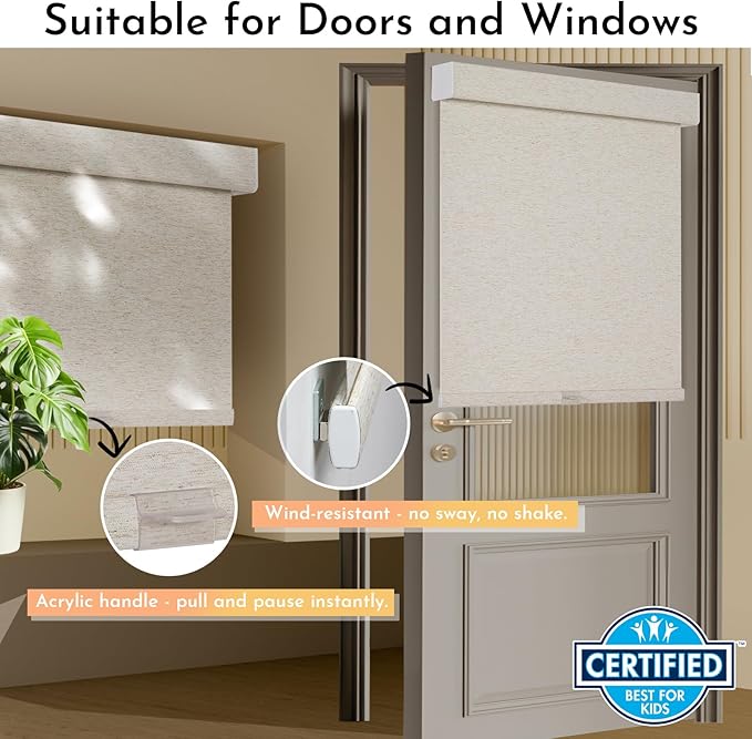 Persilux Blackout Roller Shades for Window Blinds,Cordless,Linen Fabric,Thermal Insulated Fabric UV Protection Shades for Home,Office,Bedroom,Door,Blackout-Cream,18" W X 64" H