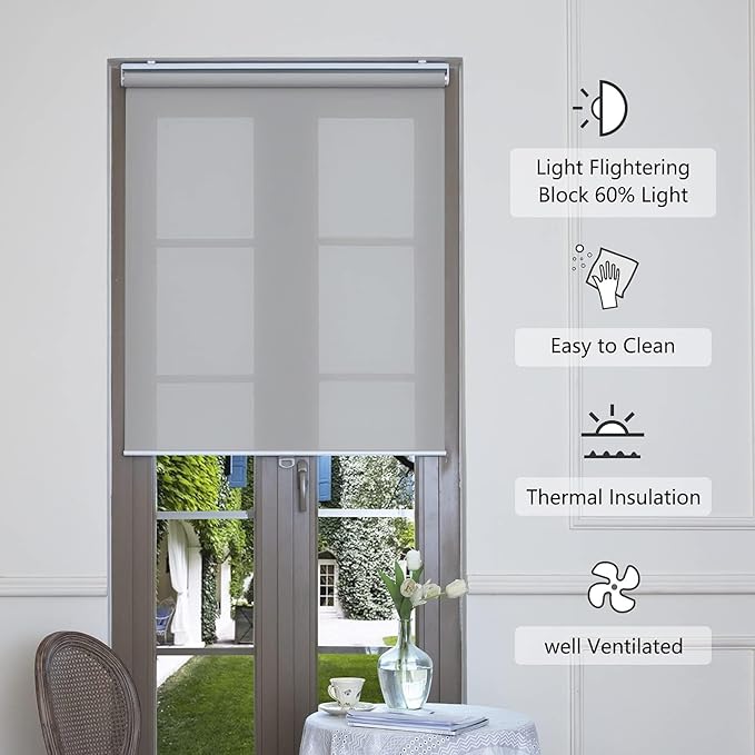 Cordless Roller Shades for Windows Light Filtering Shades with 5% Openness Solar Screen Semi Sheer Roller Blinds UV Protection for Office and Home. Easy to Install 52" W x 72" H (Grey)