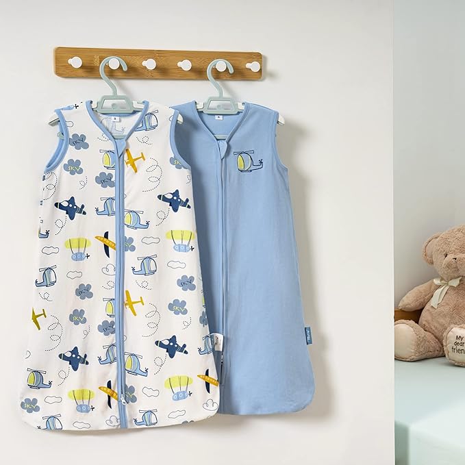 TILLYOU 2 Pack Infant Sleep Sack 0-6 Months 100% Cotton Wearable Blanket 0.5 TOG Sleeveless Summer Sleep Sacks with 2-Way Zipper, Sky Adventure & Sky Blue