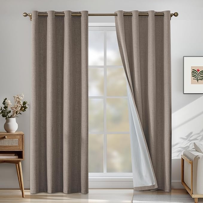 Linen 100% Blackout Curtains for Bedroom, Black Out Curtains 84 Inch Long, Room Darkening Curtains for Living Room, Long Curtain Grommets Drapes, Thermal Curtains(2 Panels, Brown)