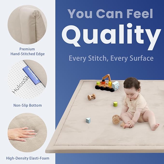Baby Play Mat for Floor,1.3" Thick Elasti-Foam 74×50 Playpen Mat for Toddlers Infant Kids,Water-Repellent Soft Coral Velvet for Tummy Time, Non-Slip Backing for Crawling,Tatami Style(Beige)