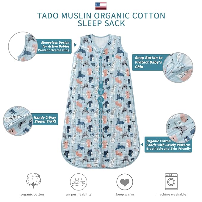 TADO MUSLIN Baby Sleep Sack 2-4 T Baby Wearable Blanket 100% Organic Cotton 0.5 TOG Toddler Sleep Sacks 2- Way Zipper Soft 4 Layers Muslin 2T 3T 4T Kitten Cat