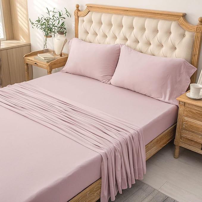 PURE ERA Jersey Knit 4pc Bed Sheet Set 100% T-Shirt Cotton Super Soft Comfy Breathable Fits Mattress Up to 20" Extra Deep Pocket (Solid Light Pink, King)