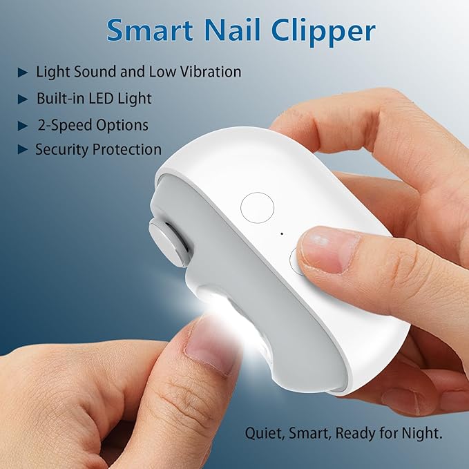 Smart Electric Nail Clipper, 3-in-1 Automatic Nail Trimmer & Polisher with 2 Speeds, LED Light, Rechargeable Nail Clippers for Seniors, Low Vision, Women, Men and Kids (White)