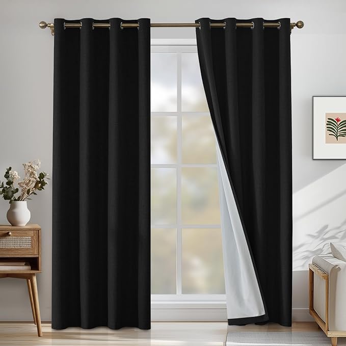 Linen 100% Blackout Curtains for Bedroom, Black Out Curtains 45 Inch Long, Room Darkening Curtains for Living Room, Long Curtain Grommets Drapes, Thermal Curtains(2 Panels, Black)