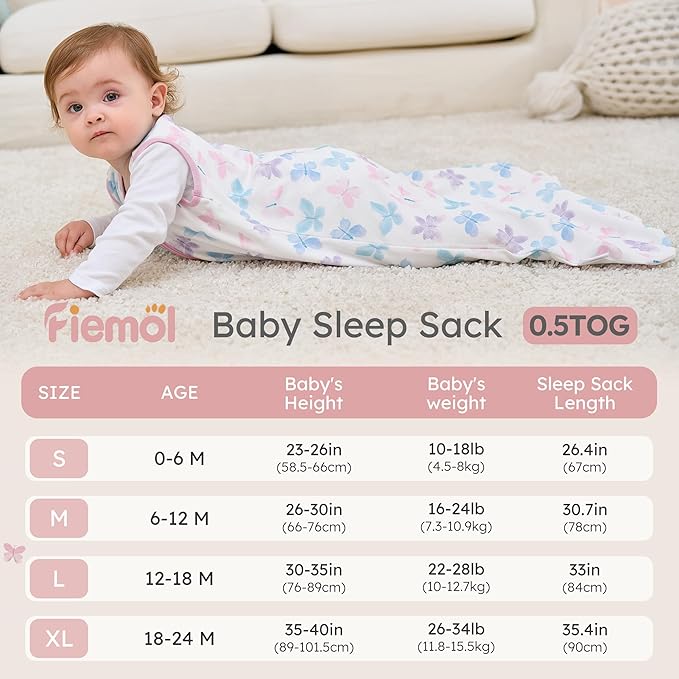 FIEMOL Baby Sleep Sack 0-6 months, 100% Cotton Sleep Sack for Newborn, Wearable Blanket Baby, 0.5 Tog Lightweight Double Zipper Sleeping Bag Butterfly 1 Pack