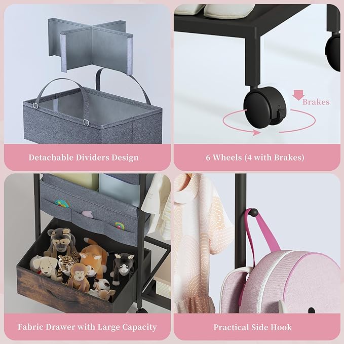 Baby Diaper Caddy Organizer - 3 Tier Rolling Cart with Kids Clothing Rack, Mobile Utility Cart with Dividers and Drawers, Large Capacity Storage Cart for Bedroom, Bathroom, Grey Carts with Wheels