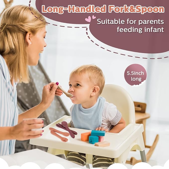 Nuenen 6 Pieces Silicone Baby Feeding Forks and Spoons Set Hot Safety First Stage Self Feeding Supplies Mini Kids Utensils for over 6 Months Babies Boy Girl Toddlers First Foods (Plain Color)